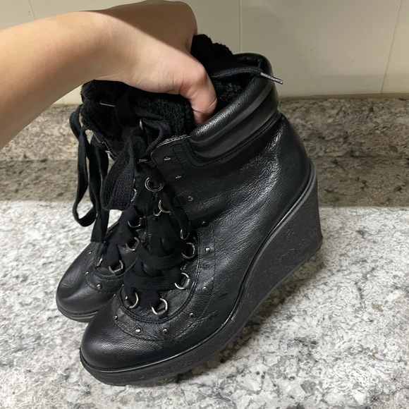 ZARA Lace Up Leather Wedge Stud Combat Boots - Picture 8 of 9